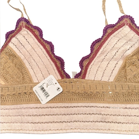 Free People Another Weekend Longline Lace Crochet Cream Tan Purple Bralette L - Picture 6 of 9